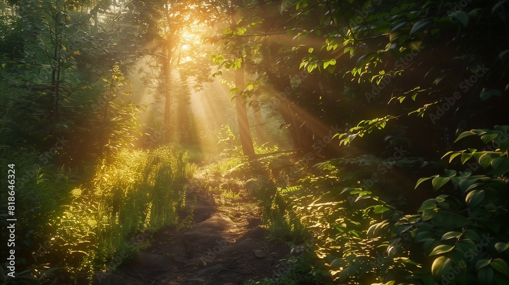 Trekking through a sun-dappled forest with shafts of light piercing the foliage.