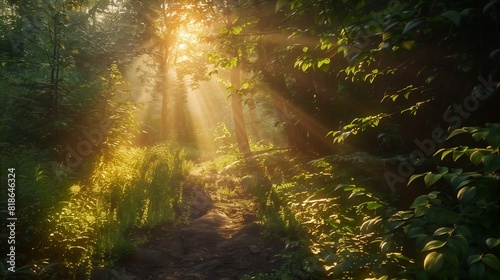Trekking through a sun-dappled forest with shafts of light piercing the foliage. © Eric