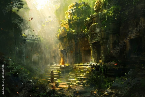 adventure explorers ruins ancient jungle mysterious dramatic lighting foliage overgrown concept art digital painting discovery archaeology 