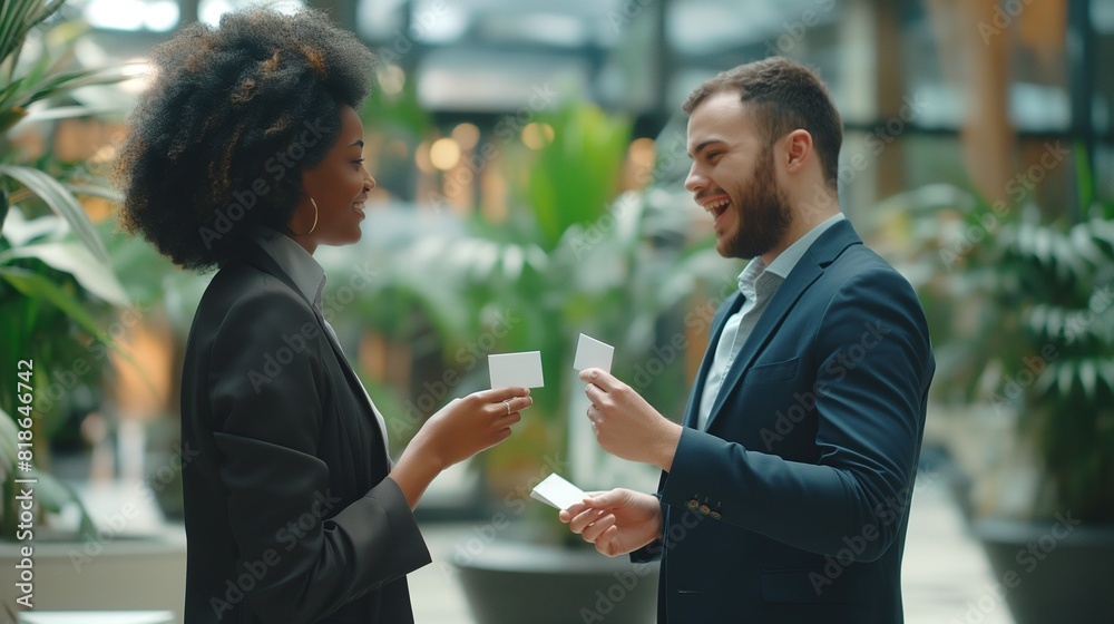 Two colleagues exchanging business cards with friendly smiles, establishing a promising professional connection. Two colleagues exchanging business cards with friendly smiles, establishing a promising professional connection.