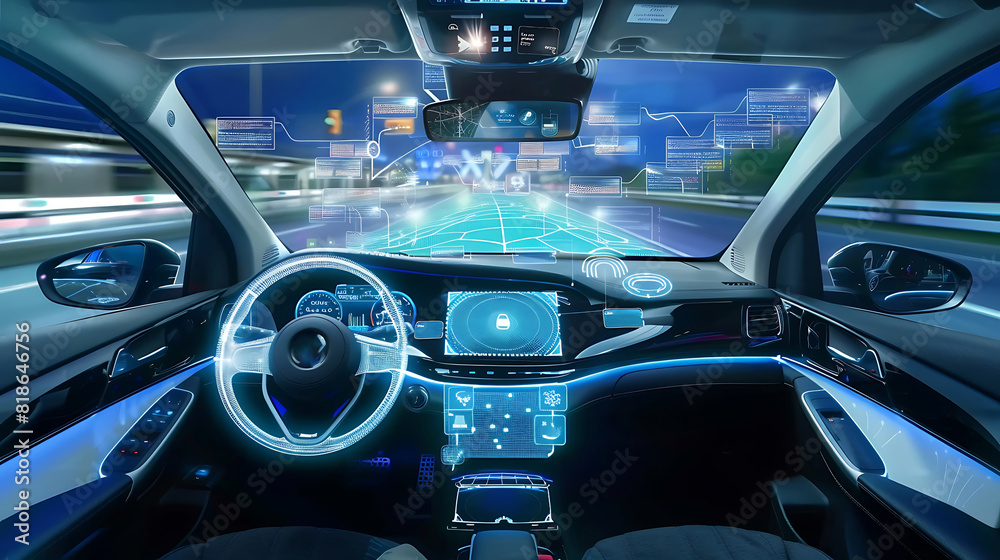 Luxurious leather interior of a car at night, city lights reflected on the dashboard as the driver navigates the streets