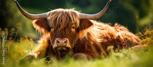 A majestic Scottish highlander cow with its large imposing horns peacefully rests in the cool shadowed area while leisurely chewing on its food copy space image