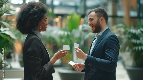 Two colleagues exchanging business cards with friendly smiles, establishing a promising professional connection. photo