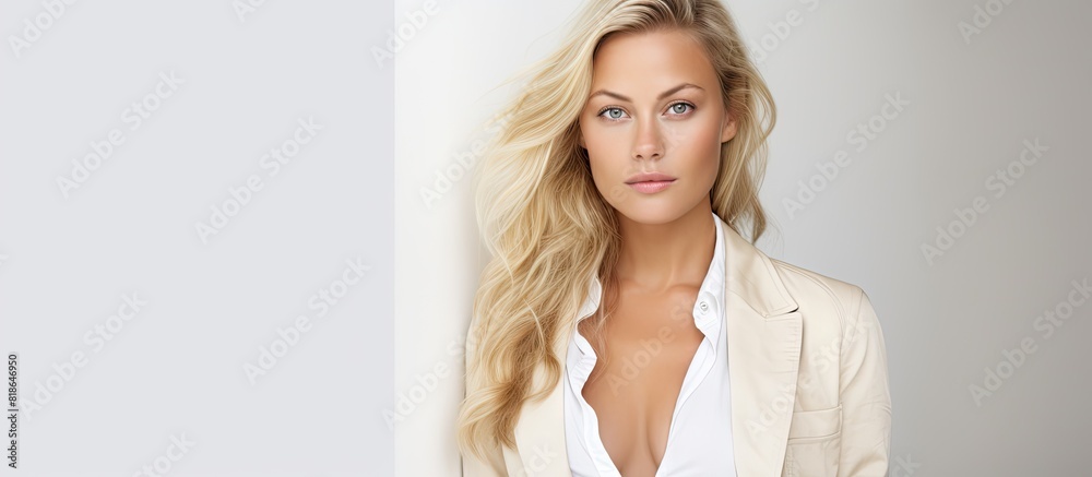 Fashionable blonde model posing for a portrait with a white background providing ample copy space Fashionable blonde model posing for a portrait with a white background providing ample copy space