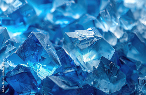 A closeup of ice crystals  with a blue color scheme. Created with Ai