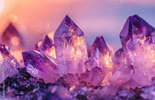 A beautiful closeup of amethyst crystals, glowing with soft purple light against the backdrop of an otherworldly landscape. Created with Ai