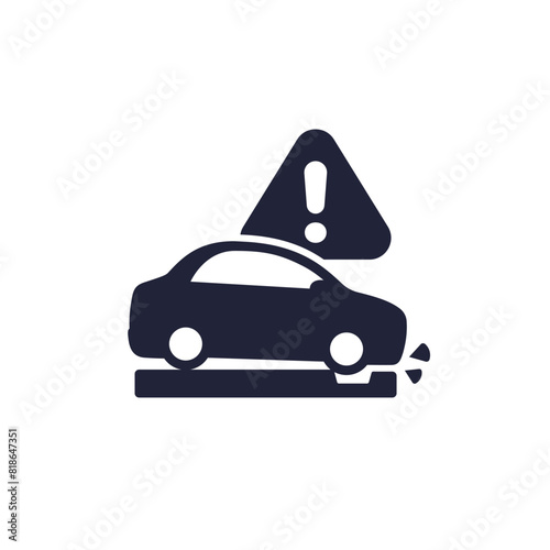 pothole warning icon with a car on white