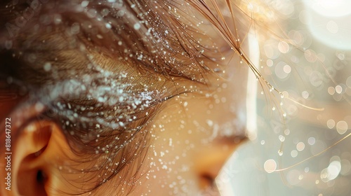 Close-up of a person with water droplets on their hair under sunlight. The shot captures a serene and refreshing atmosphere.
