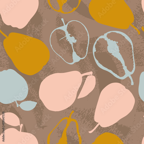 Decorative pears and apples on a dark textured background. Seamless pattern with fruits. Vector illustration. Template for modern design of wallpaper, fabric, stationery, textile.