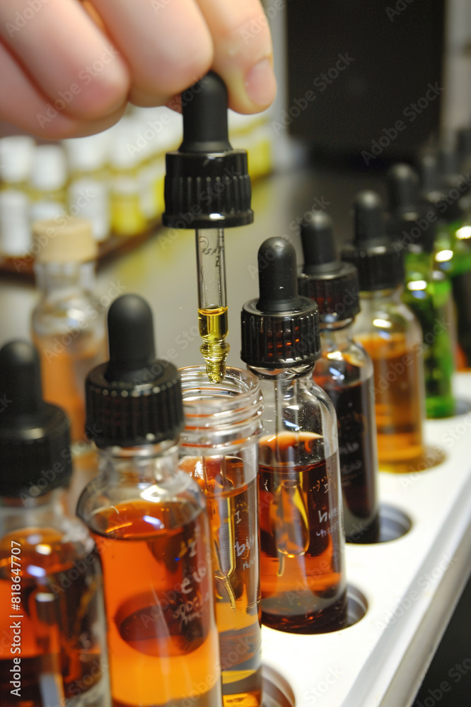 Aromatherapist blending essential oils for customized treatment, harnessing nature's healing properties.