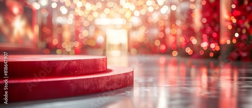 Blurred festive background with red stage and bokeh lights, perfect for holiday and celebration themes in vibrant and warm tones.