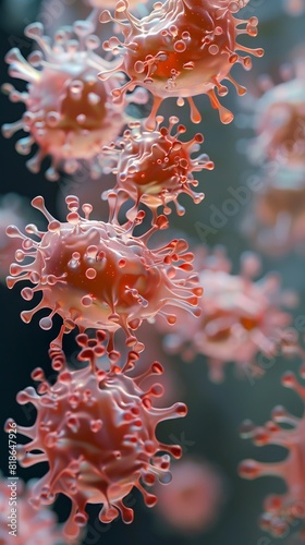Close-up view of multiple coronavirus cells  vividly displaying their structure and spikes under the microscope.