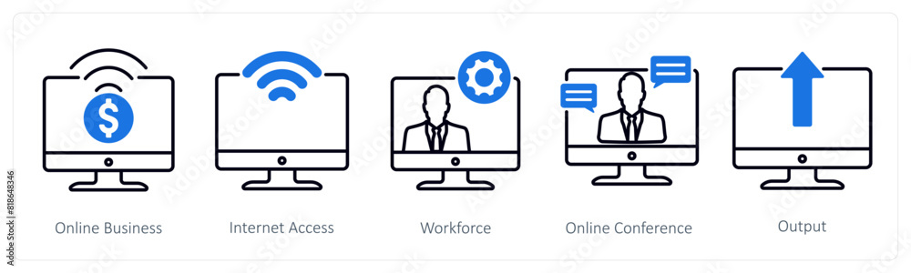 A set of 5 Business and Office icons as online business, internet access, workforce