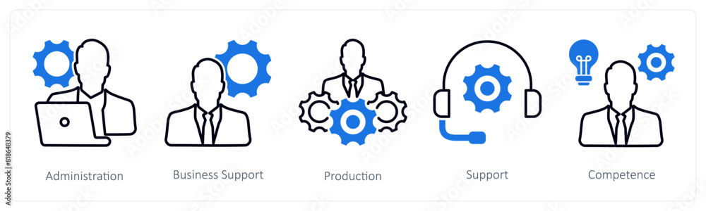 A set of 5 Business and Office icons as administration, business support, production A set of 5 Business and Office icons as administration, business support, production