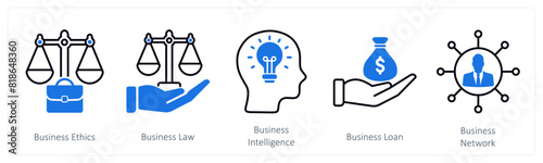 A set of 5 Business and Office icons as business ethics, business law, business intelligence