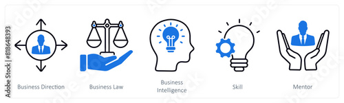 A set of 5 Business and Office icons as business direction, business law, business intelligence