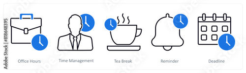 A set of 5 Business and Office icons as office hours, time management, tea break