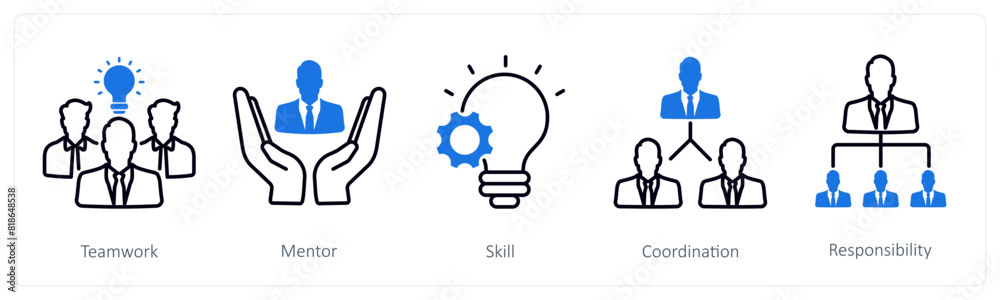 A set of 5 Business and Office icons as teamwork, mentor, skill A set of 5 Business and Office icons as teamwork, mentor, skill