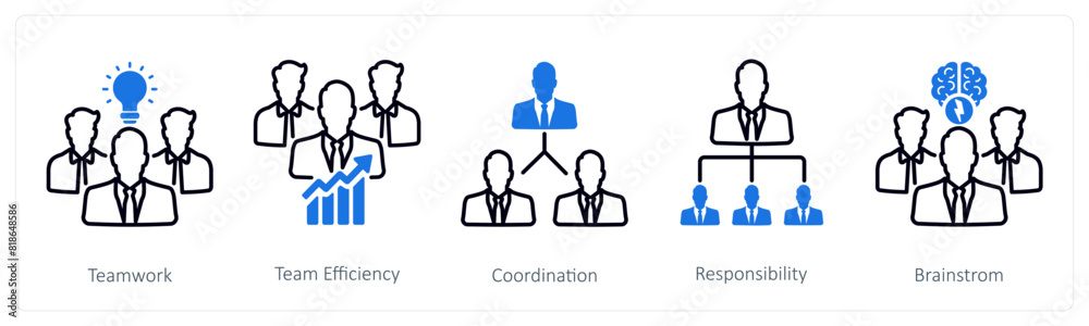 A set of 5 Business and Office icons as teamwork, team efficiency, coordination A set of 5 Business and Office icons as teamwork, team efficiency, coordination