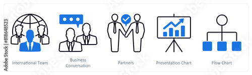 A set of 5 Business and Office icons as international team, business conversation, partners
