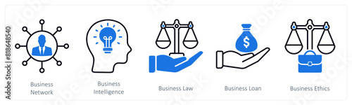 A set of 5 Business and Office icons as business network, business intelligence, business law