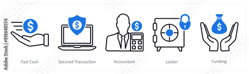 A set of 5 Business and Office icons as fast cash, secured transaction, accountant