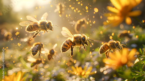 Honey bee on a yellow flower collects pollen, wild nature landscape © Akash Tholiya