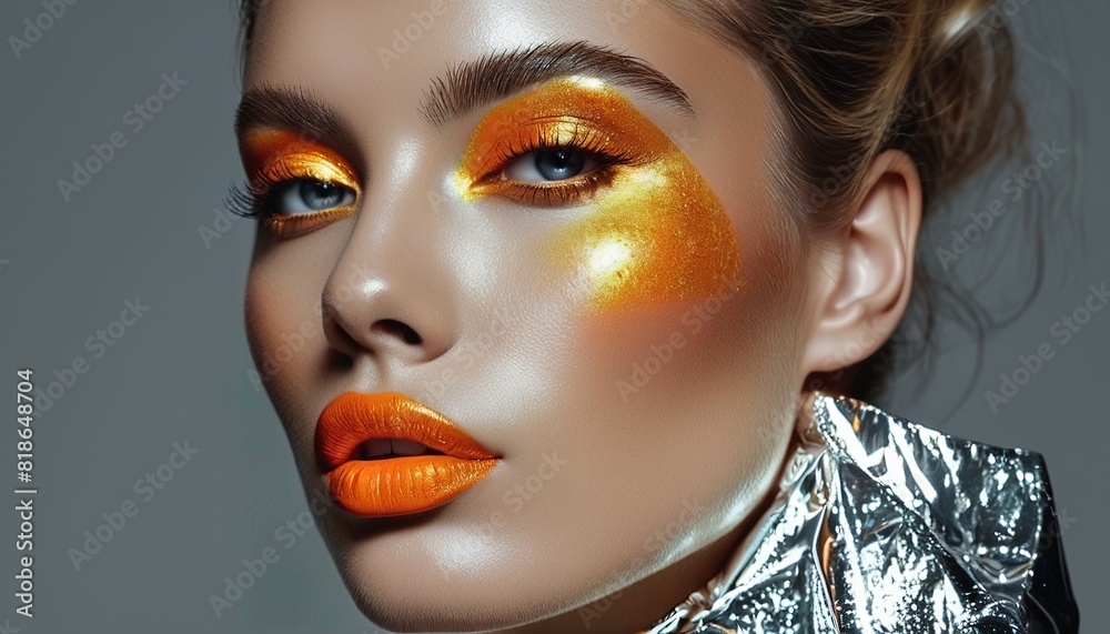 Edgy Beauty with Orange Lipstick and Silver Foil: A Striking Portrait