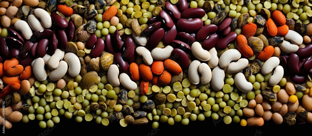 Close up top view of a copy space image showcasing a mixture of lentils peas and beans Close up top view of a copy space image showcasing a mixture of lentils peas and beans