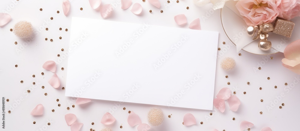 A feminine blog postcard with a beauty blogger s minimal women desk concept It features a flat lay of sparkles a blank paper card for copy space and a mock up template