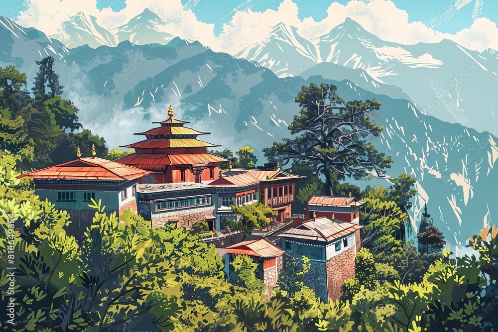 ancient buddhist monastery in himalayan mountains spiritual illustration
