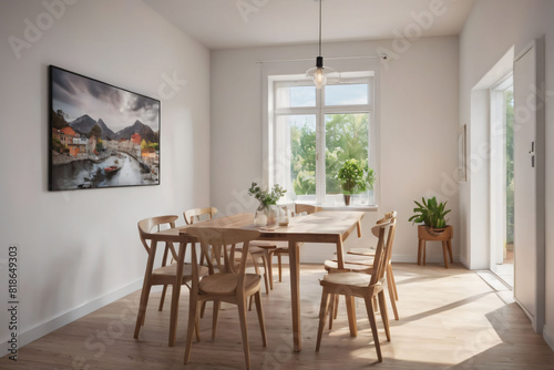 Modern Dining Room with Wooden Table. A simple dining room with a wooden table and chairs, pendant lights