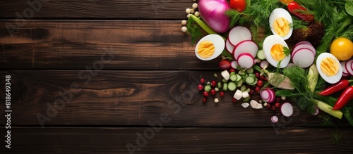 A fresh salad with corn radish onion cucumber and quail eggs is displayed on a wooden background in a top down view There is ample copy space available