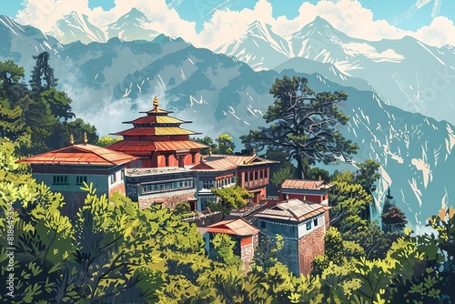 ancient buddhist monastery in himalayan mountains spiritual illustration photo