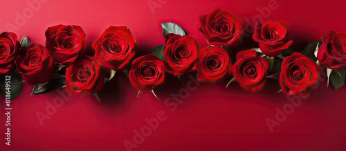 A captivating flat lay image showcasing a vibrant array of red roses on a matching red backdrop with ample copy space
