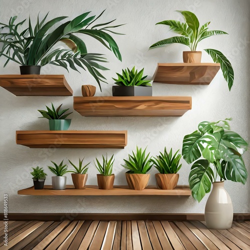 plant in the interior.a modern interior design setup with brown wooden raw edge floating shelves on a white wall  featuring green potted house plants for a touch of nature