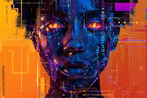 android pop art binary code portrait robot technology scifi vivid geometric striking cyberpunk futuristic circuit artificial intelligence 