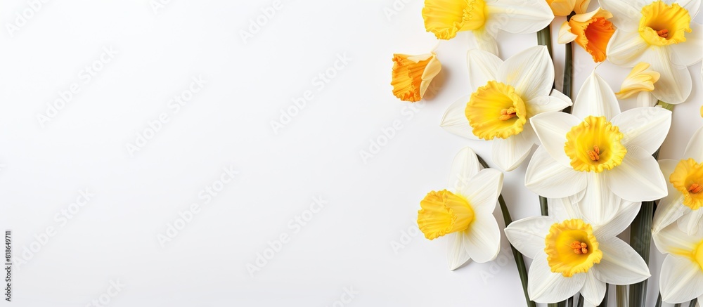 Fototapeta premium A corner placed image of yellow and white artificial daffodils against a white backdrop creating a spring themed floral design with space for text. with copy space image