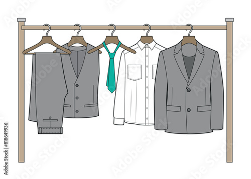 Man grey suit on wooden hanger.