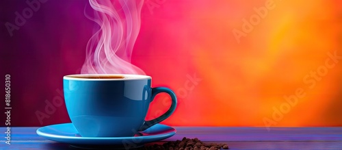 A mug of steaming coffee sits on a colorful background with ample space for additional images or text
