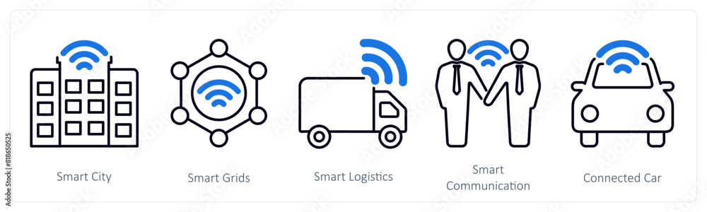 A set of 5 Industrial icons as smart city, smart grids, smart logistics A set of 5 Industrial icons as smart city, smart grids, smart logistics