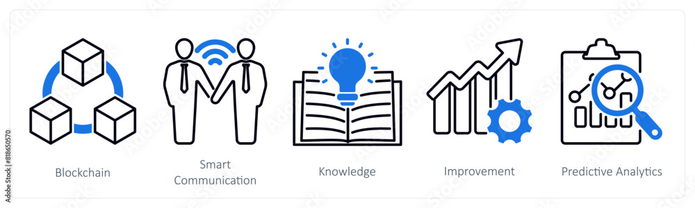 A set of 5 Industrial icons as blockchain, smart communication, knowledge A set of 5 Industrial icons as blockchain, smart communication, knowledge