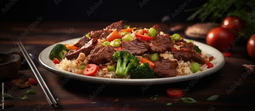 A delicious Chinese meal of beef and mixed vegetables served with fragrant fried rice A copy space image that will leave your taste buds craving for more