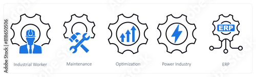 A set of 5 Industrial icons as industrial worker, maintenance, optimization