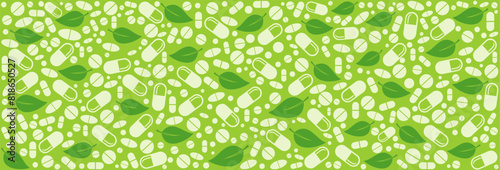 Medicine vintage seamless pattern. White Background made from pills and capsules.  Homeopathy, naturopathy. Complementary, alternative, integrative, holistic Vector Illustration