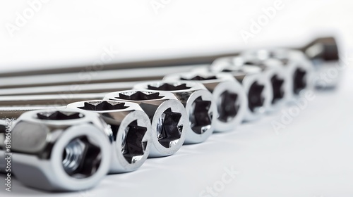 Compact socket wrench set displayed against a pristine white backdrop, featuring a range of socket sizes for tightening and loosening bolts and nuts. photo