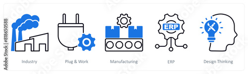 A set of 5 Industrial icons as industry, plug and work, manufacturing