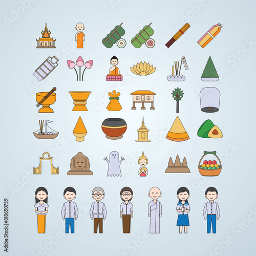 Cambodia Pchum Ben  festival day avatar people icon set element decoration