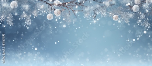 A festive Merry Christmas card featuring ornaments mistletoe and delicate snowflakes on a background with ample space for additional images or text photo