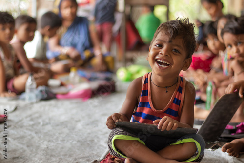 Happy Anganwadi School boy Holding Slate and smiling at school